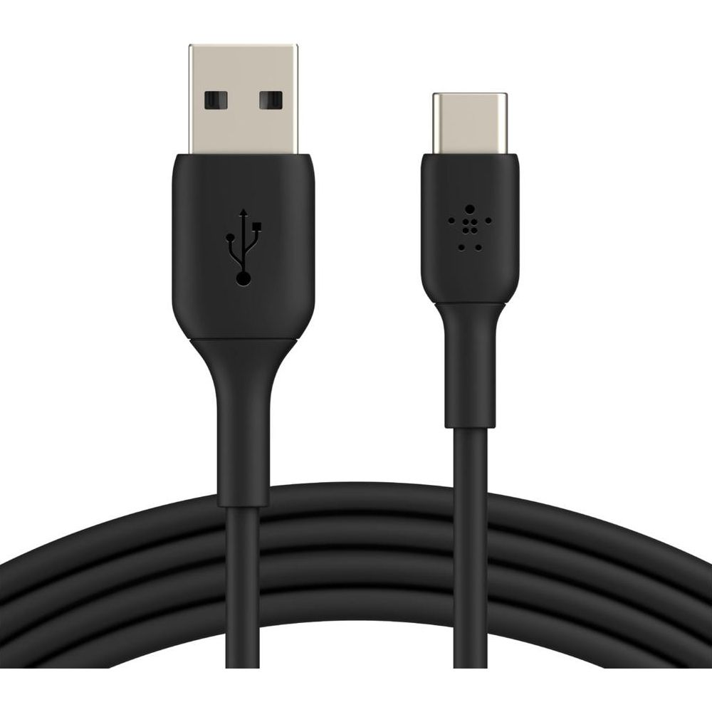 Cavo USB-A a USB-C nero con connettori e logo del marchio.