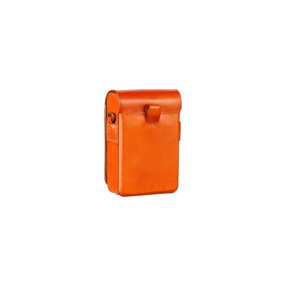 Una piccola custodia in pelle arancione con chiusura in alto.