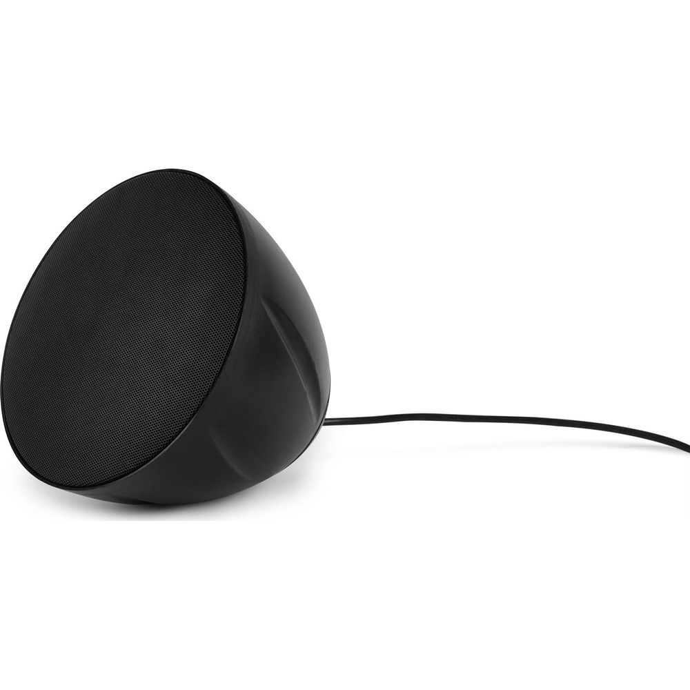 Altavoz negro y esférico con cable sobre fondo blanco.