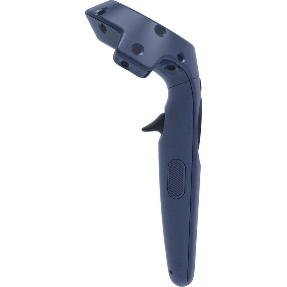 Ein blauer VR-Controller mit einem schwarzen Auslöser und kreisförmigen Sensoren.