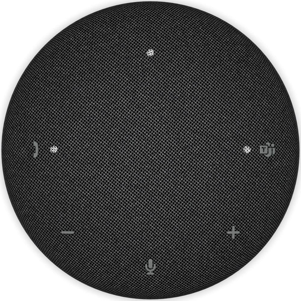 Altoparlante rotondo nero con pulsanti per volume, microfono e chiamate.