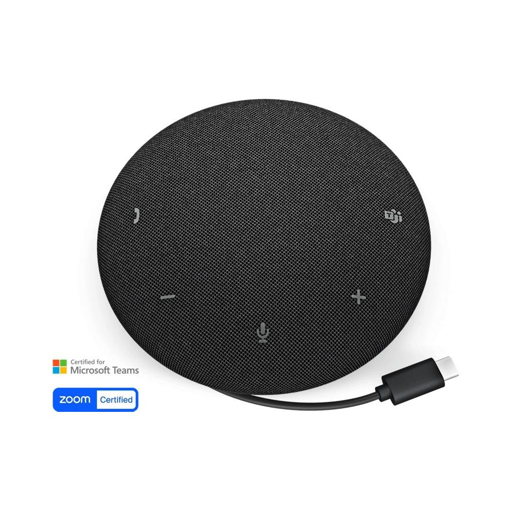 Un altoparlante nero e rotondo con cavo USB-C e loghi di certificazione.