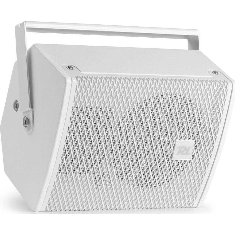 Altavoz blanco con asa y frontal de patrón de diamante.