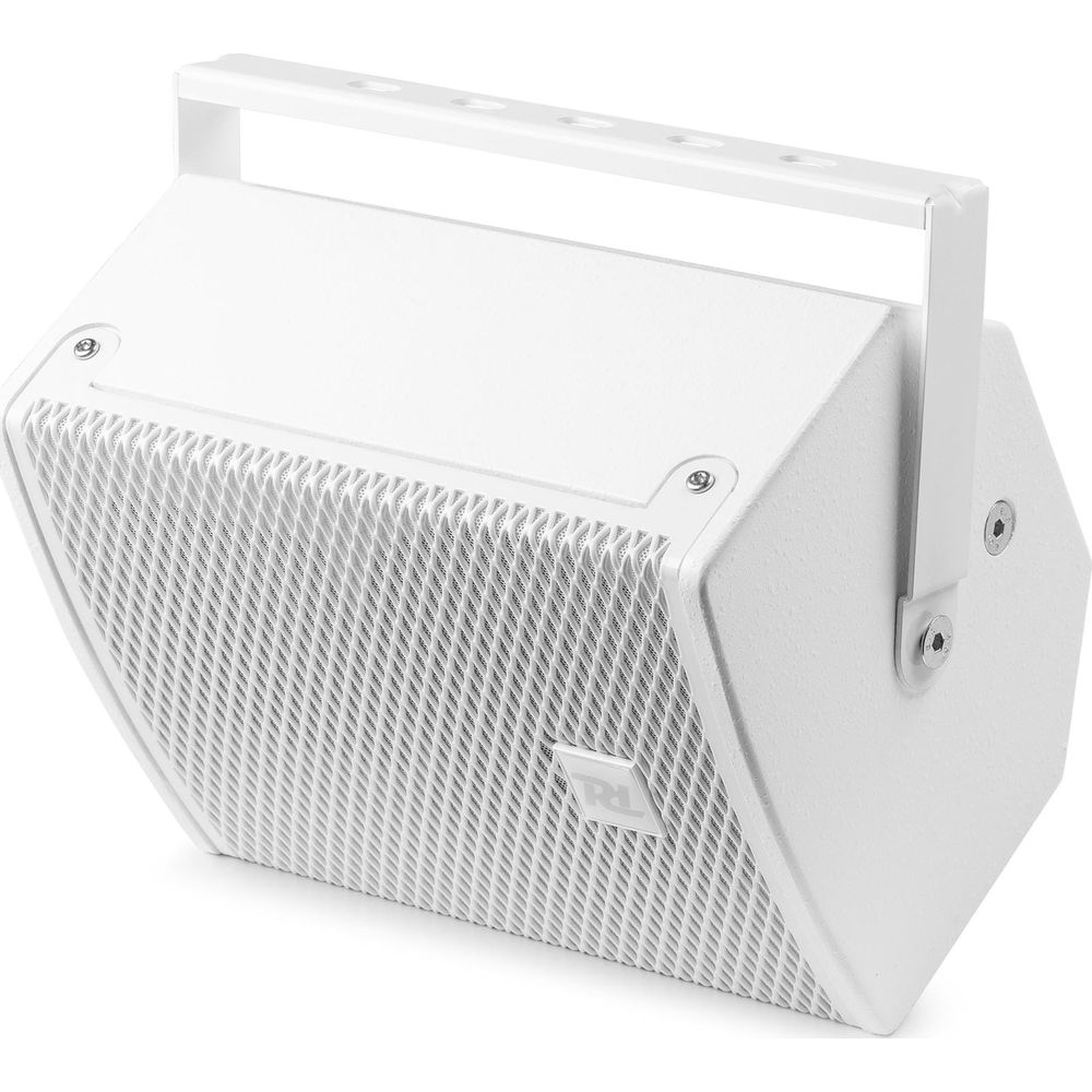 Un altavoz blanco con rejilla y asa.