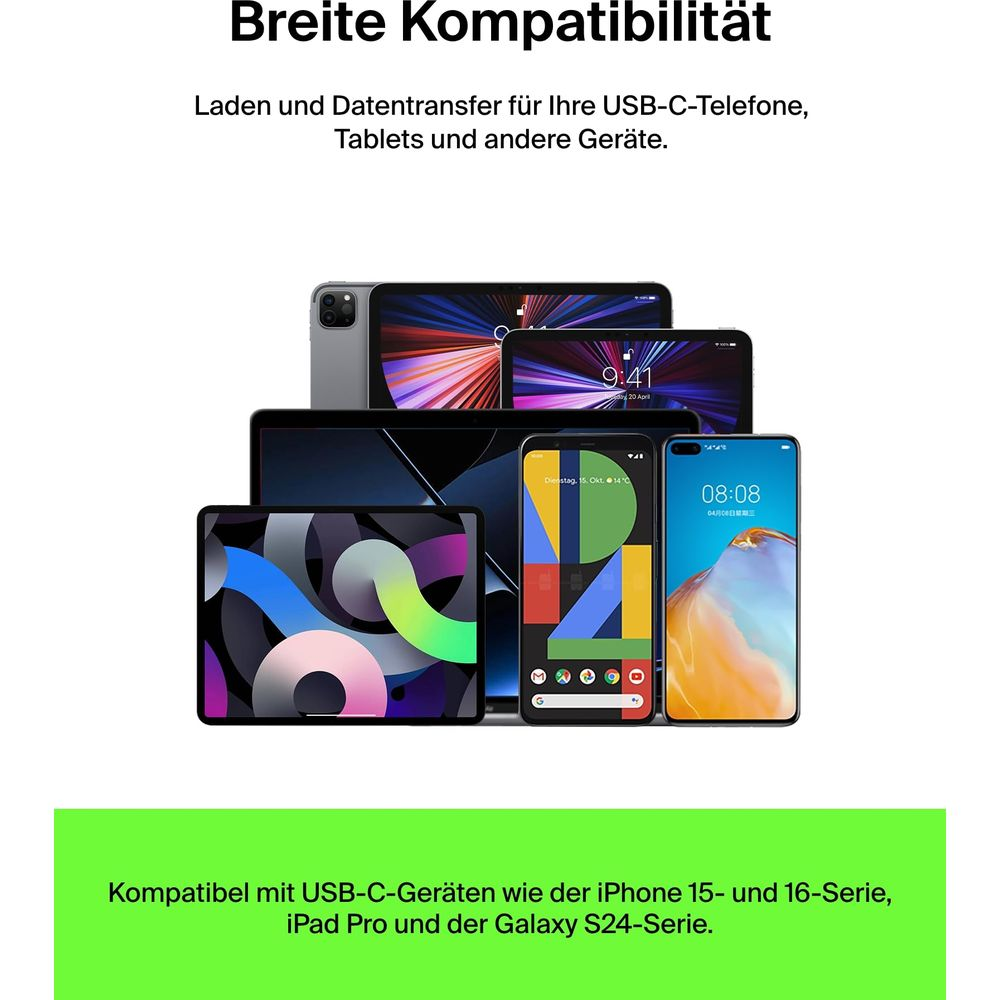 Meerdere USB-C-apparaten zoals smartphones en tablets worden weergegeven.