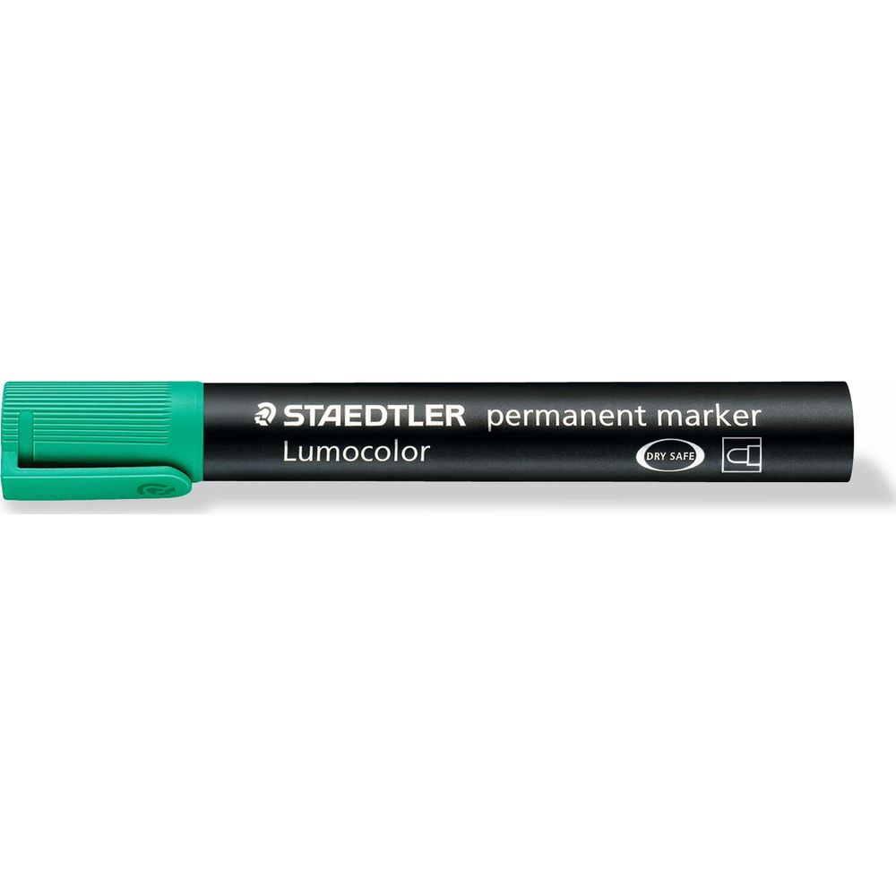 Ein grüner Staedtler Lumocolor Permanent Marker mit "Dry Safe" Aufschrift.