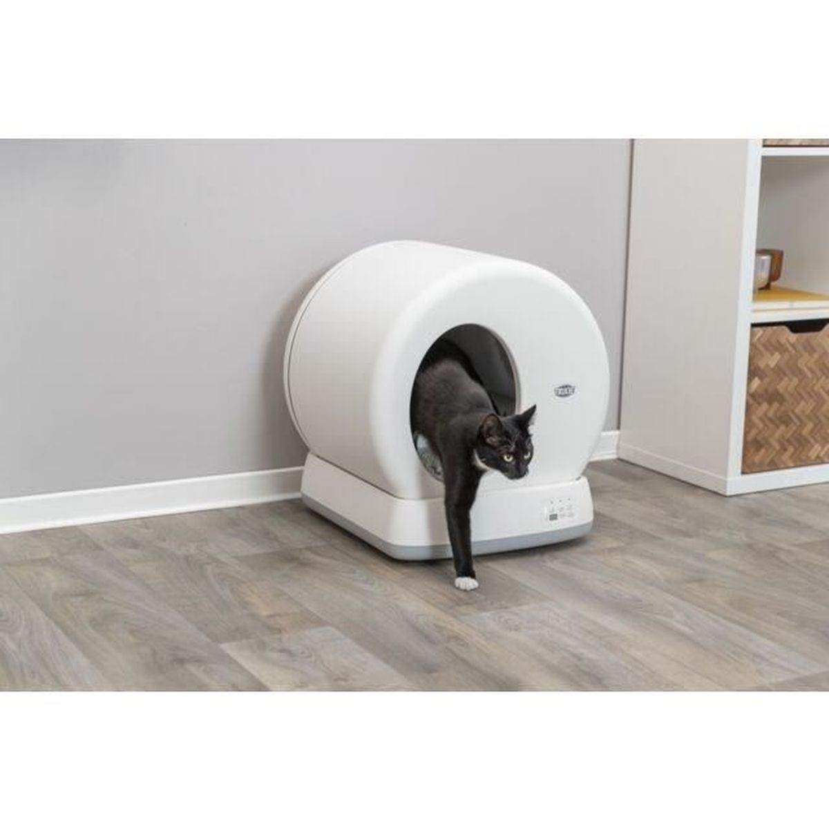 Eine schwarze Katze verlässt eine weiße Katzentoilette auf einem Holzboden.