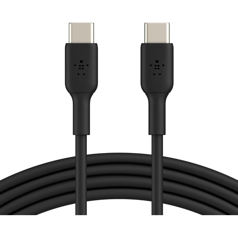 Zwei schwarze USB-C-Kabel mit silbernen Anschlüssen liegen auf einem weißen Hintergrund.