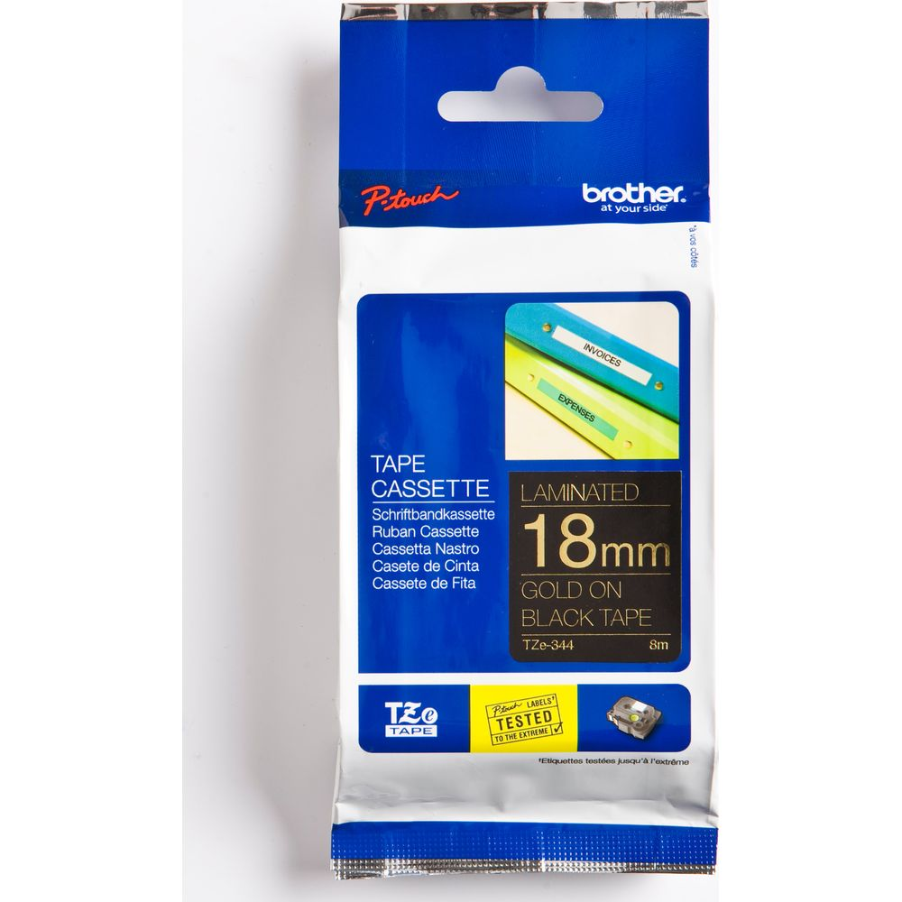 Brother P-touch 18mm Gold auf schwarzem Klebeband Kassettenverpackung.