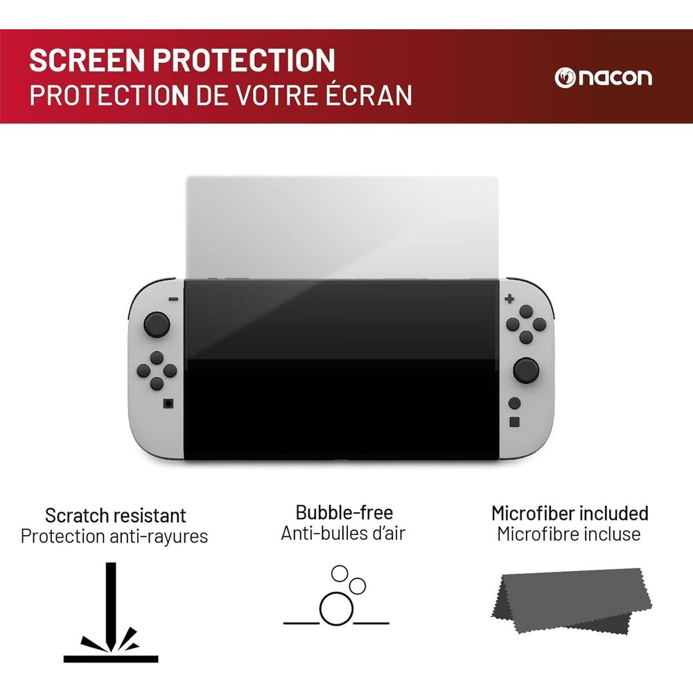 Protector de pantalla para un dispositivo portátil blanco con controles negros.