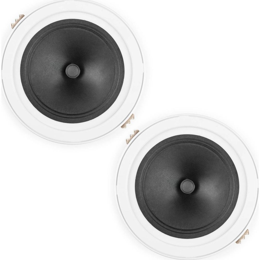 Dos altavoces redondos blancos con conos negros sobre fondo blanco.