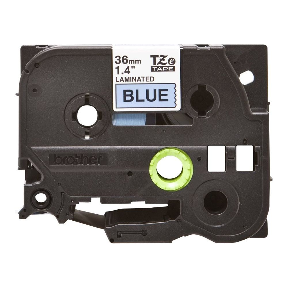 Schwarze Brother-Kassette mit blauer, laminierter 36-mm-Bandrolle.