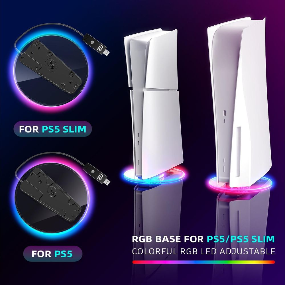Console PS5 bianche con base RGB, accessori per PS5 Slim e PS5.