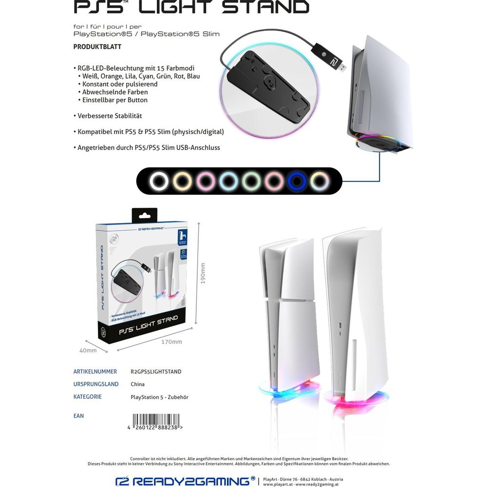 Supporto PS5 con LED RGB, controller, console PS5 e informazioni prodotto.