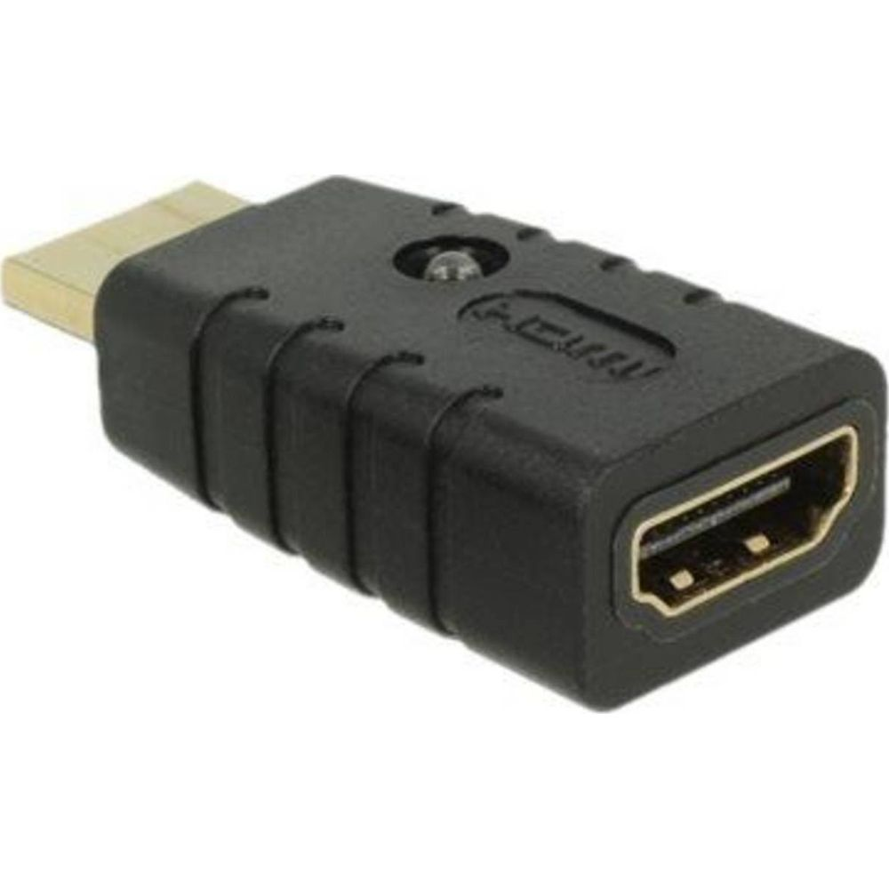 Czarny adapter HDMI ze złotą wtyczką i gniazdem.