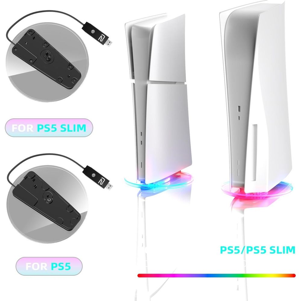 Console di gioco bianche con illuminazione RGB e accessori per PS5/PS5 Slim.