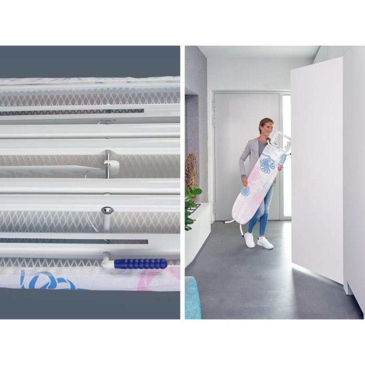 Kobieta niesie deskę do prasowania w kwiaty, zbliżenie deski.