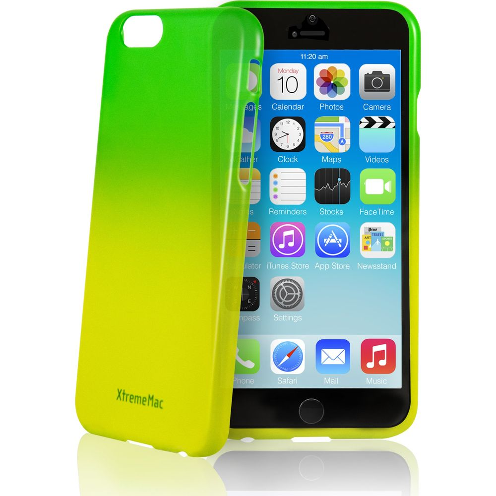 Ein iPhone mit einem grün-gelben Farbverlauf-Handyhülle daneben.