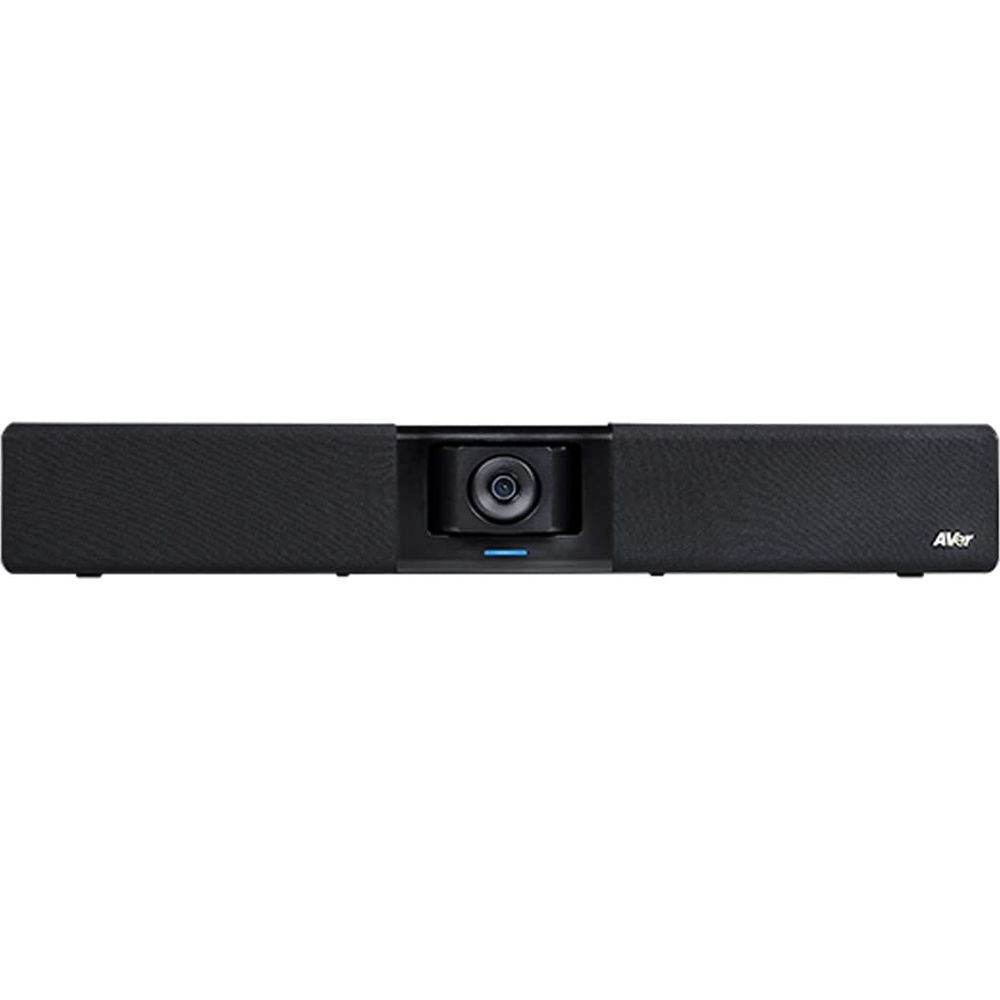 Una soundbar nera per videoconferenze con videocamera integrata.