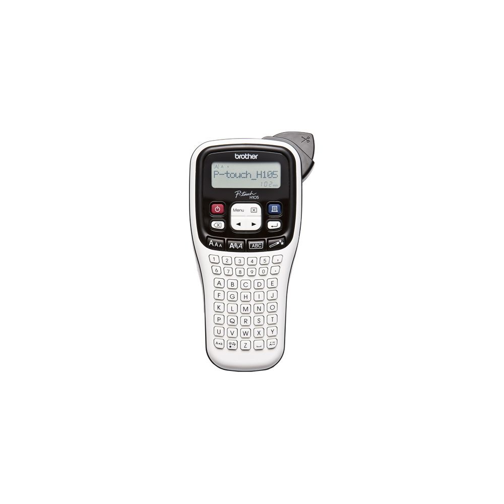 Una etichettatrice Brother P-touch H105 bianca con tastiera QWERTY e schermo LCD.