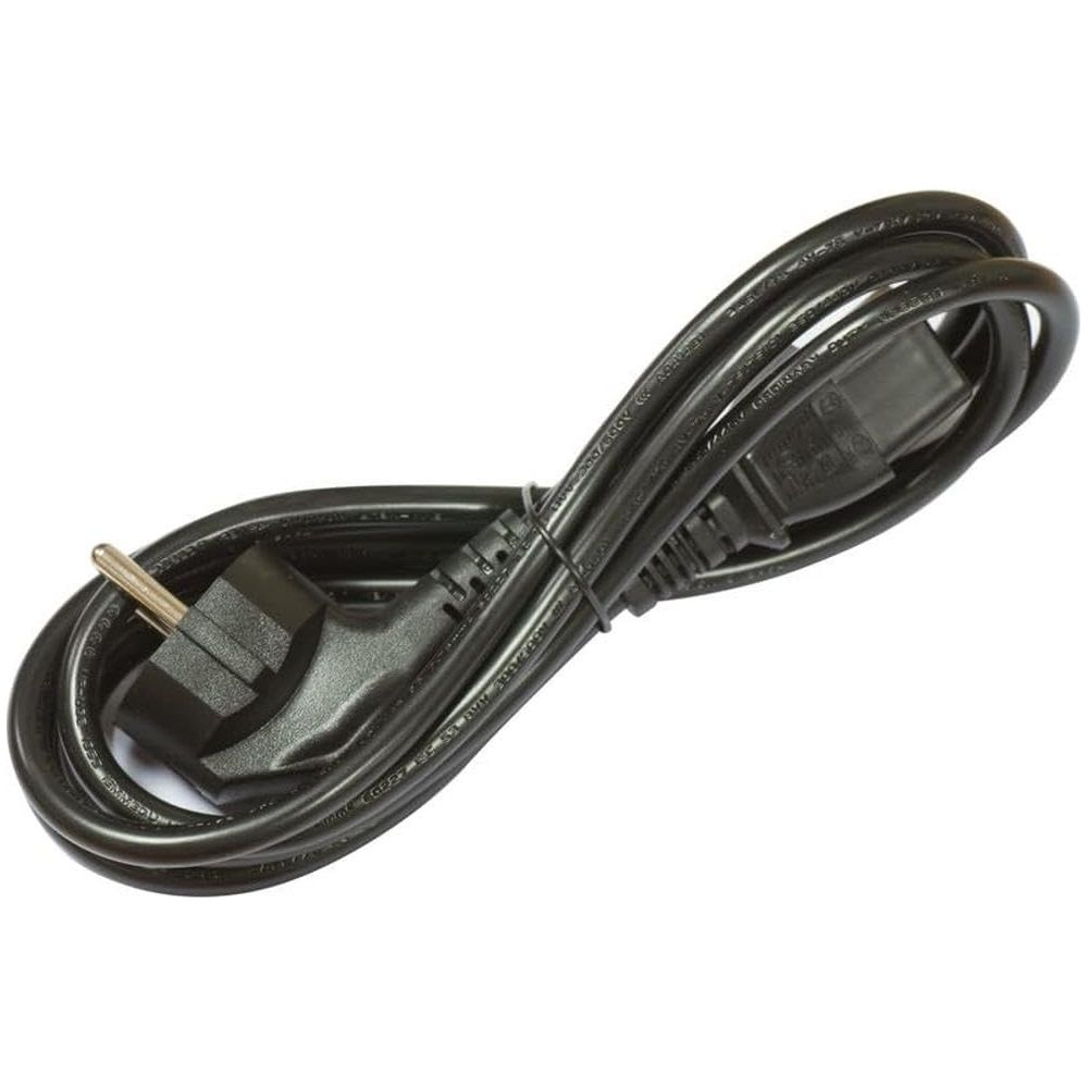 Czarny kabel zasilający ze wtyczką i gniazdem, zwinięty.