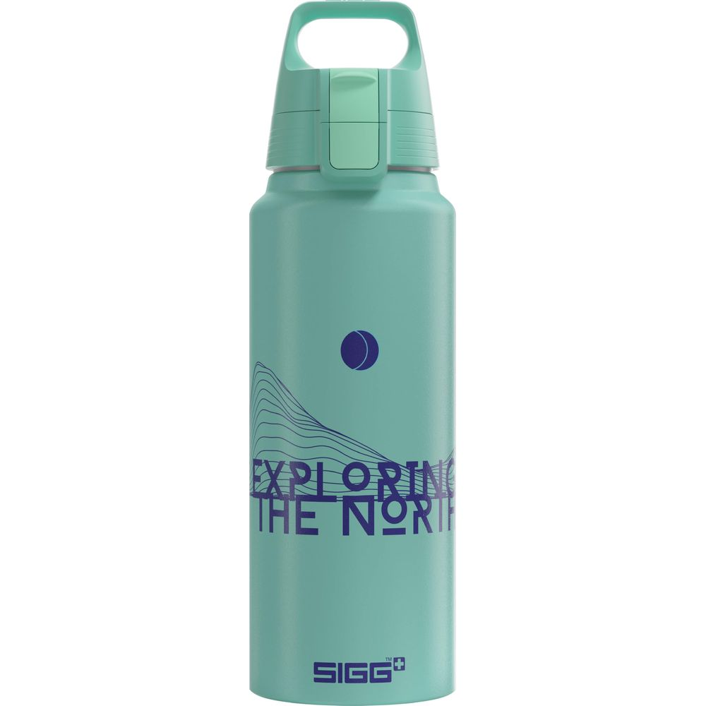 Türkisblaue Trinkflasche mit Henkel und Aufdruck 'EXPLORING THE NORTH'.