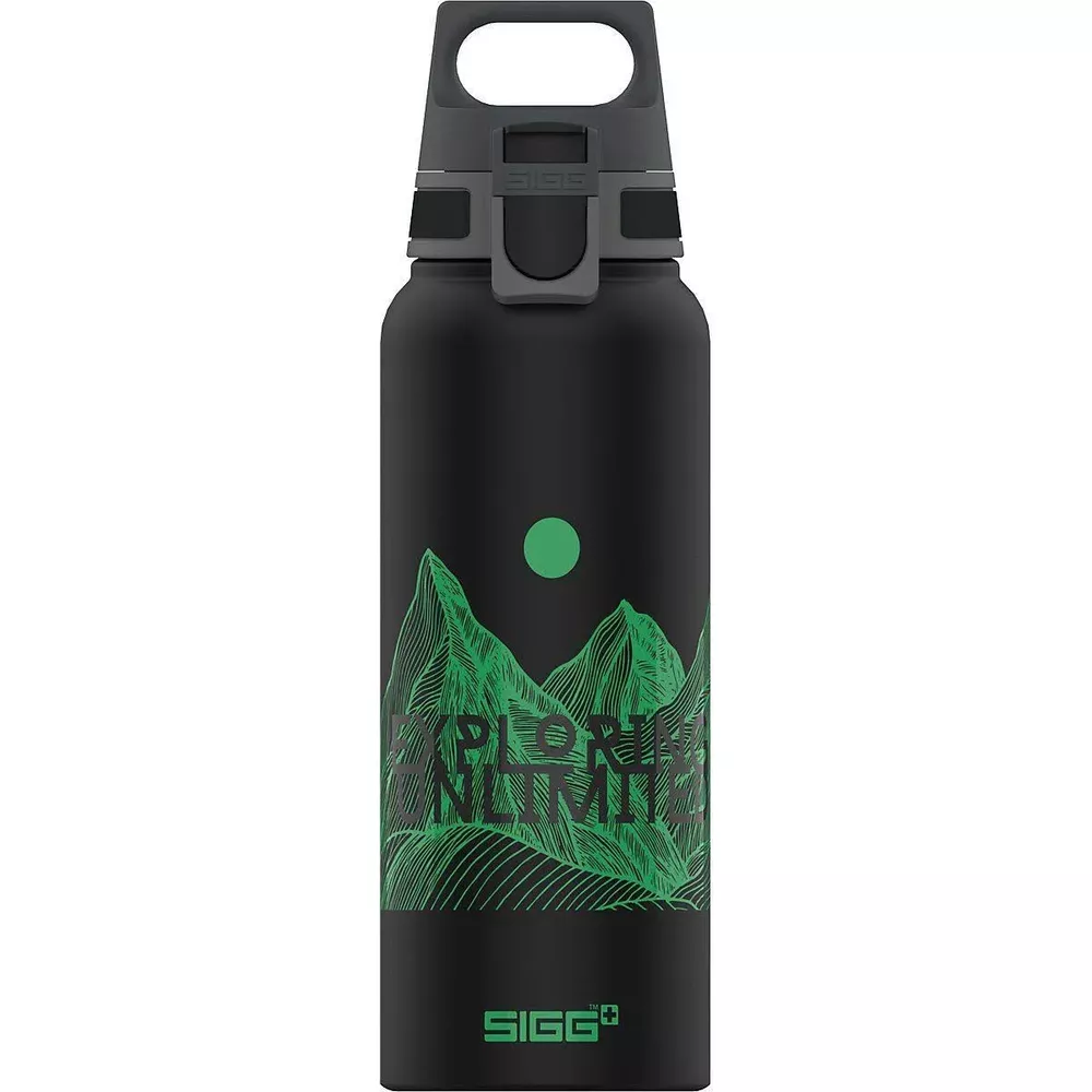 Schwarze SIGG-Flasche mit grüner Berg-Grafik und 
