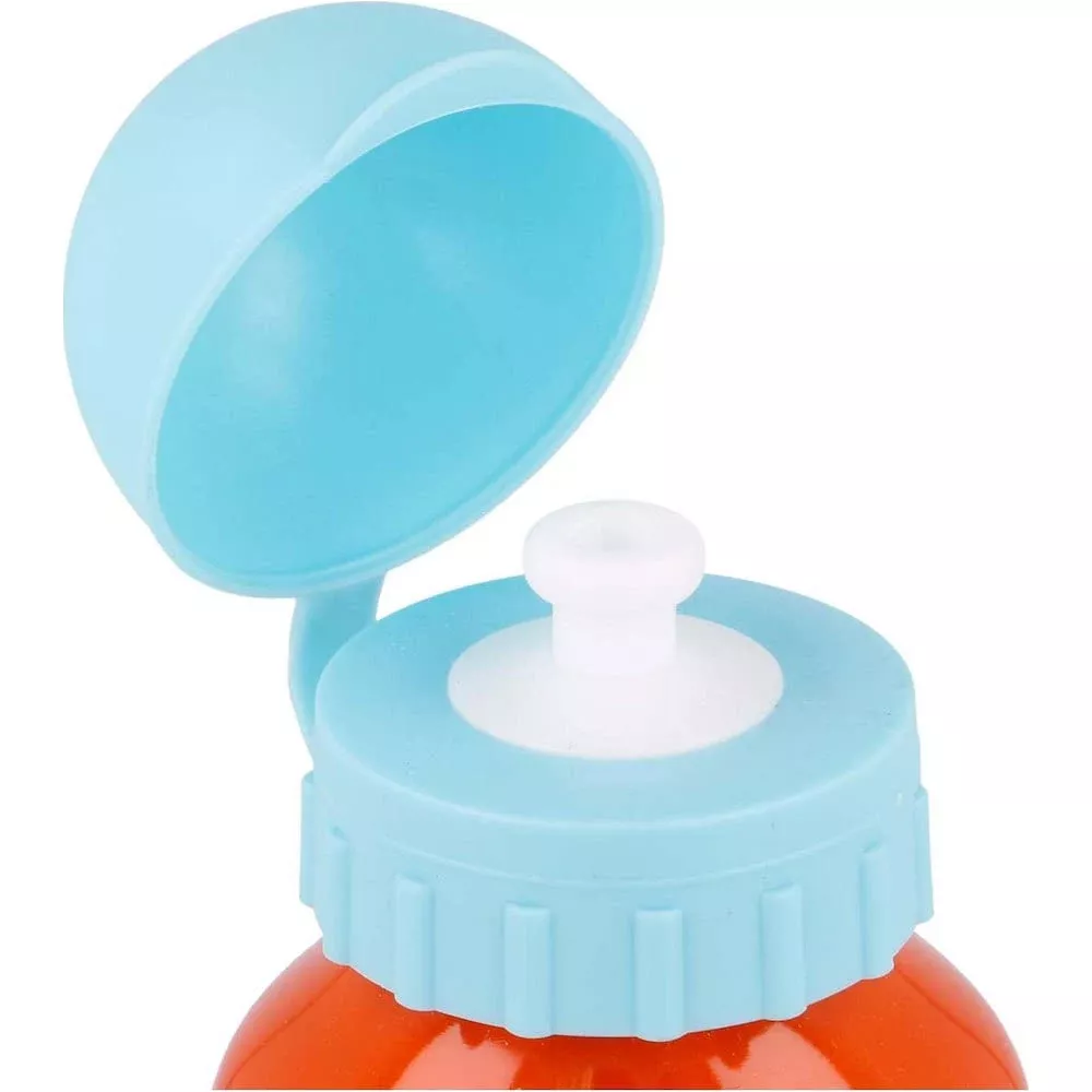 Orangefarbene Flasche mit hellblauem Deckel und weißem Ausguss.