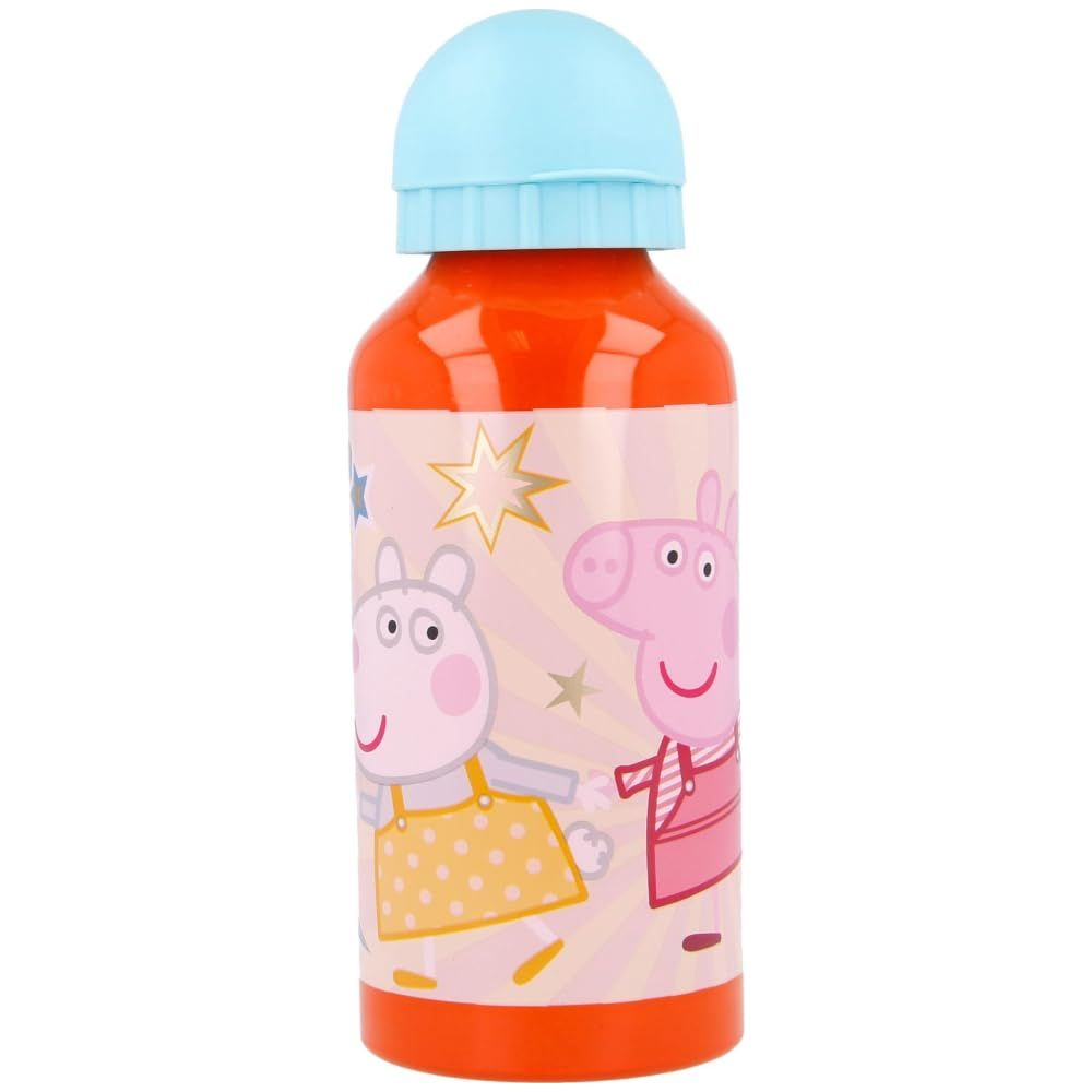 Orange Trinkflasche mit Peppa Wutz und Schorsch Wutz Motiv, blauer Deckel.