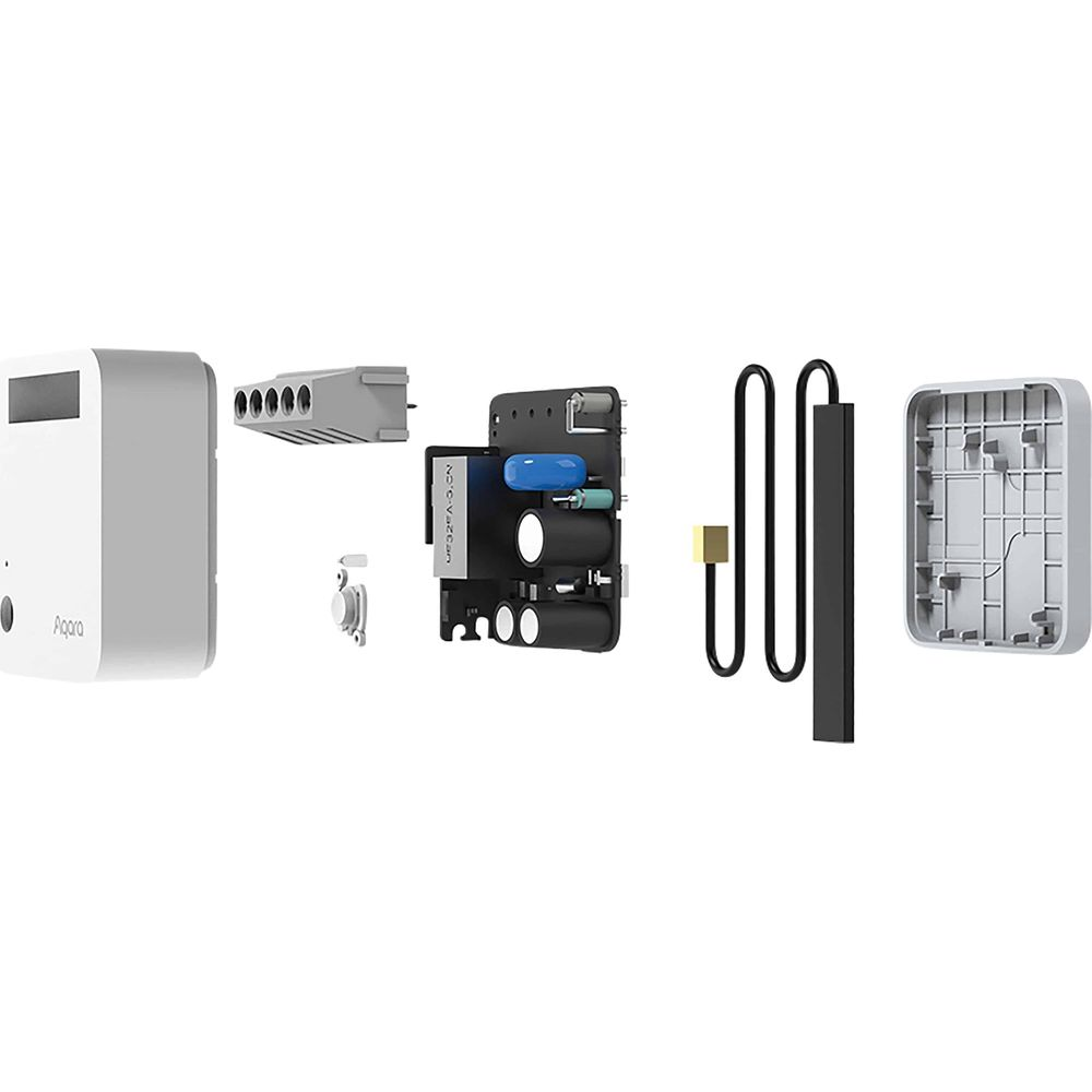Vista esplosa di un dispositivo bianco per la smart home con componenti interni.