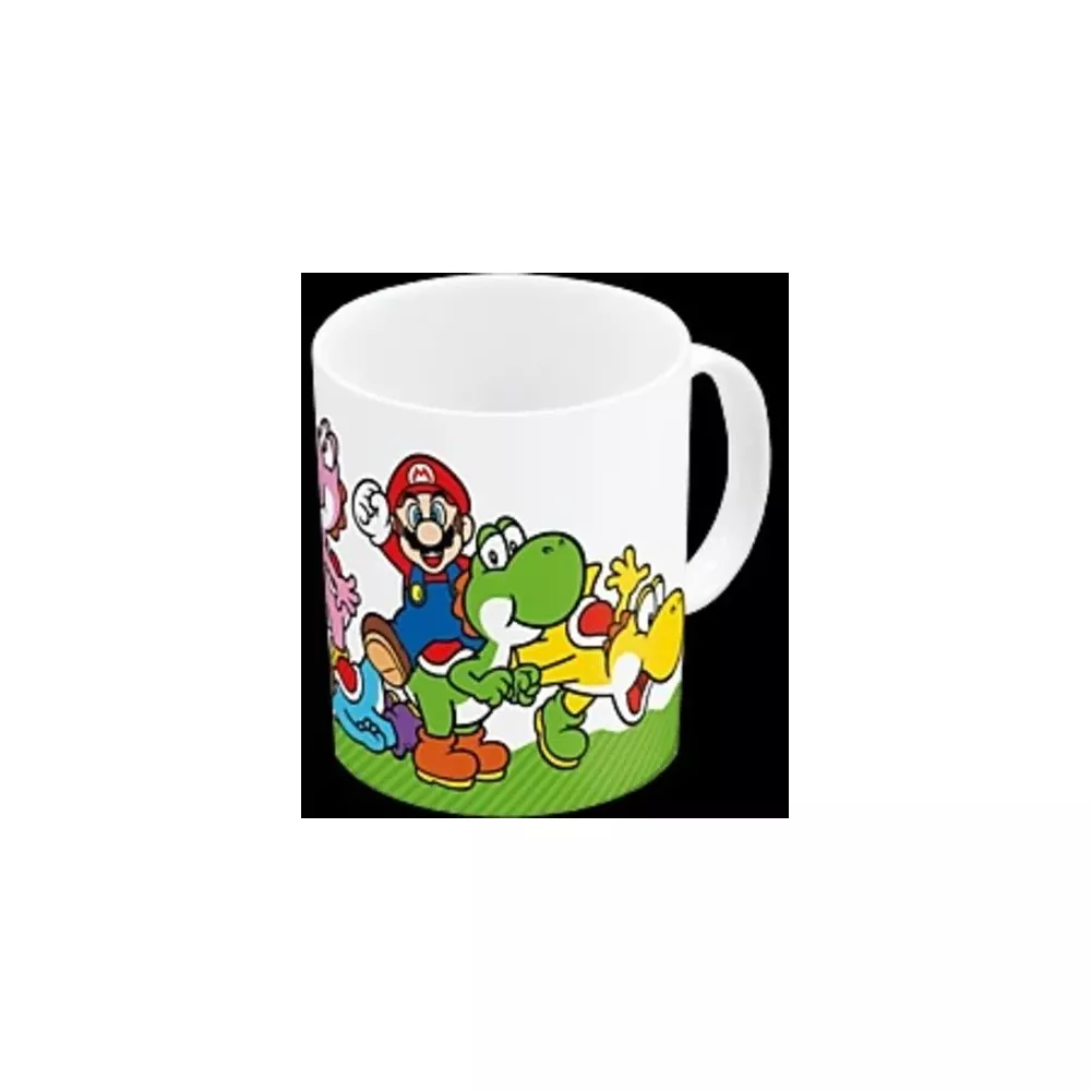 Weiße Tasse mit Super Mario, Yoshi und anderen Charakteren auf grünem Hügel.