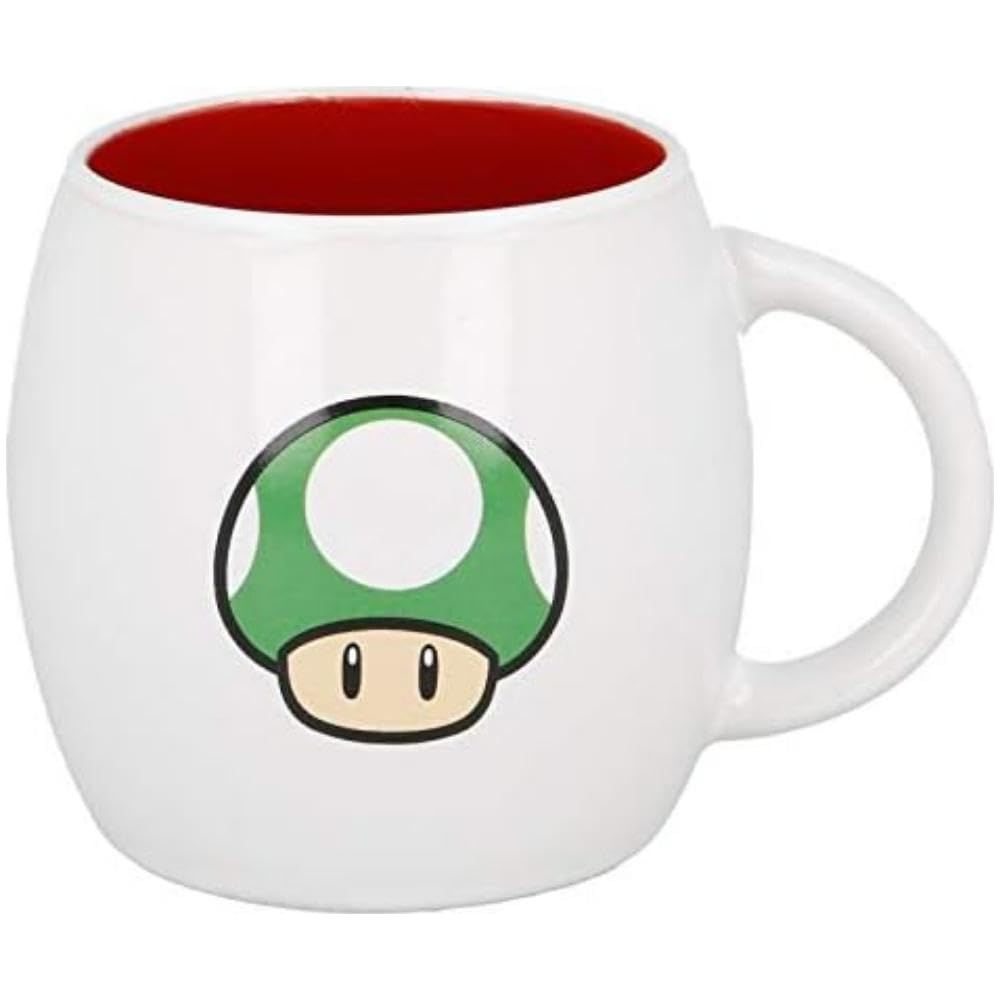 Weiße Tasse mit rotem Innenraum und Super-Pilz-Aufdruck.