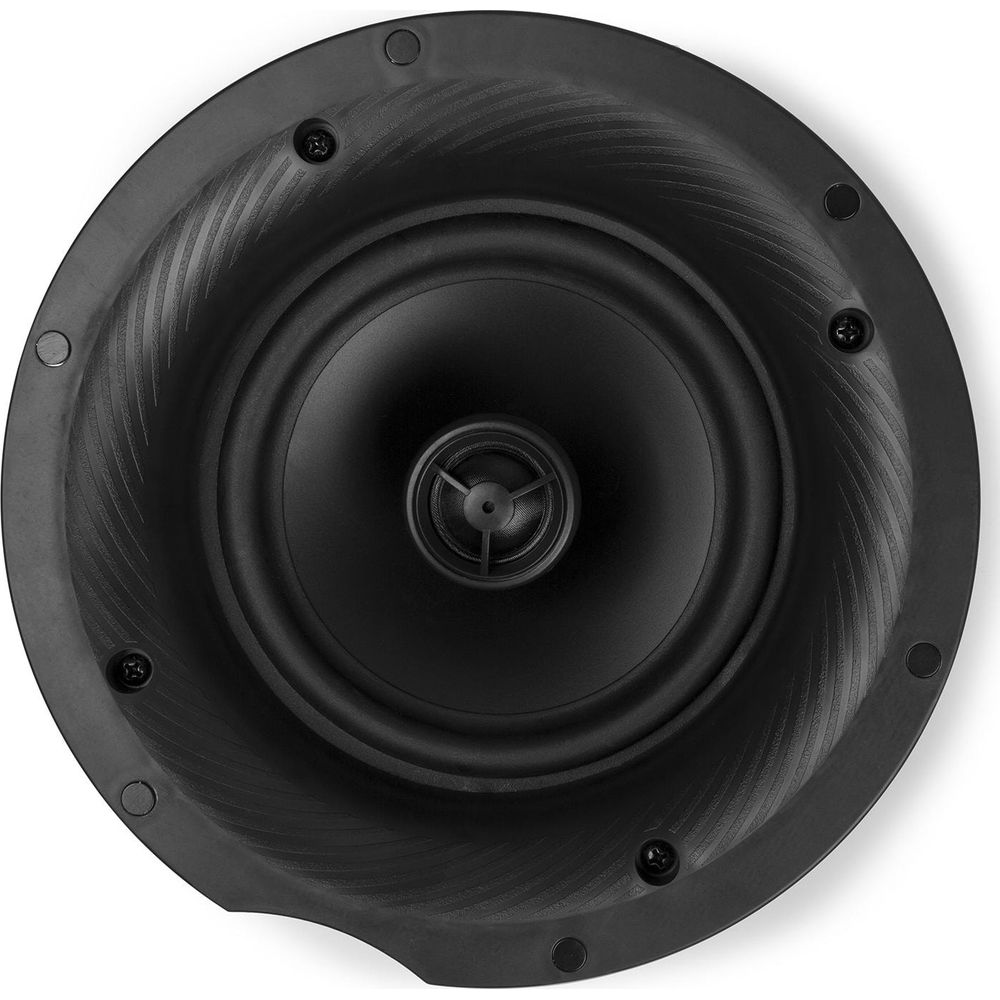 Altavoz negro empotrado en techo con ranuras concéntricas y tweeter central.