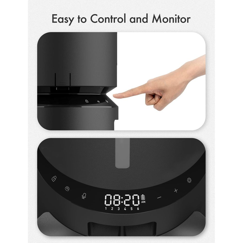 A finger presses a button. A clock shows 08:20.