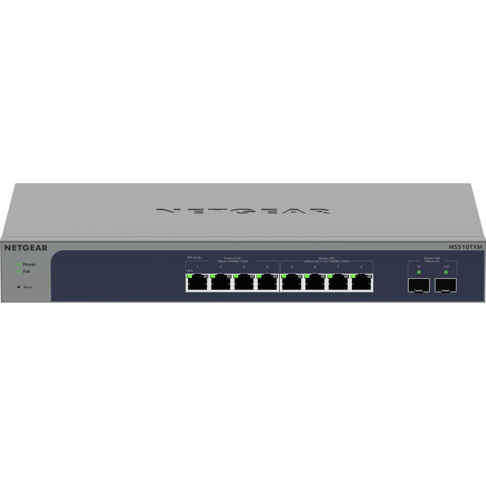 Switch Netgear MS510TXM z 8 portami LAN i dwoma portami SFP+.
