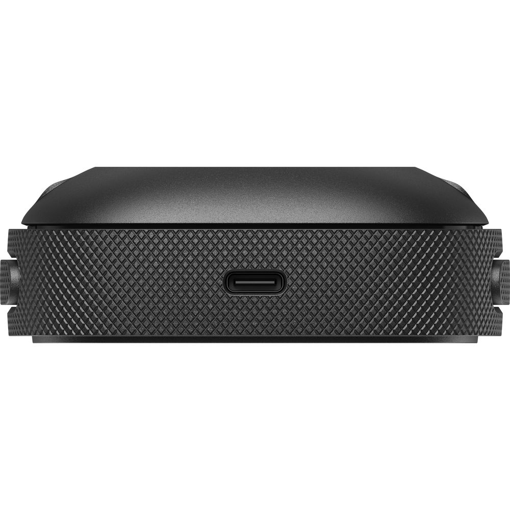 Schwarzes Gerät mit gerändeltem Rand und USB-C-Anschluss.