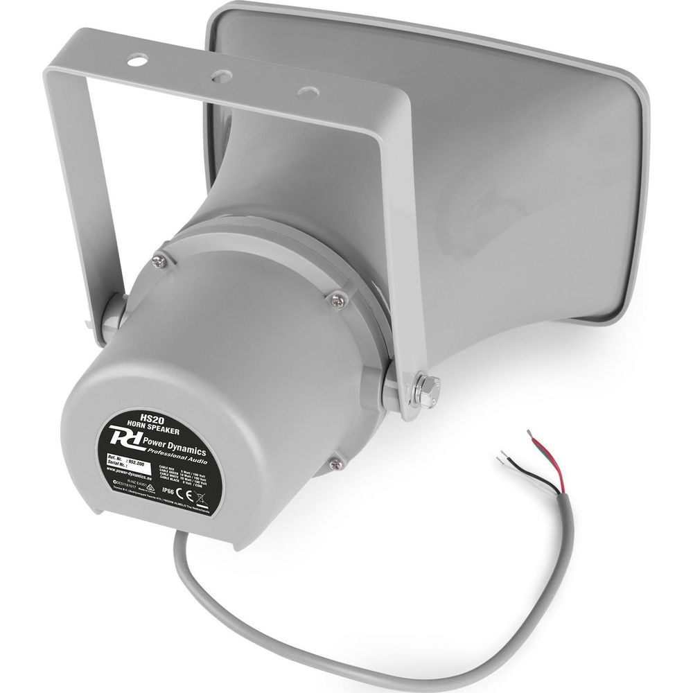 Altavoz de trompa gris con soporte y extremos de cable, modelo HS20.