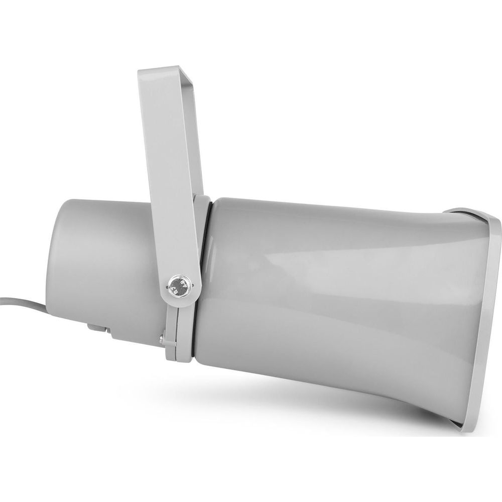 Un altavoz gris con asa, aislado sobre fondo blanco.