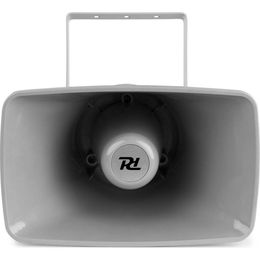 Altavoz gris con soporte metálico y logotipo de empresa negro en el cono.