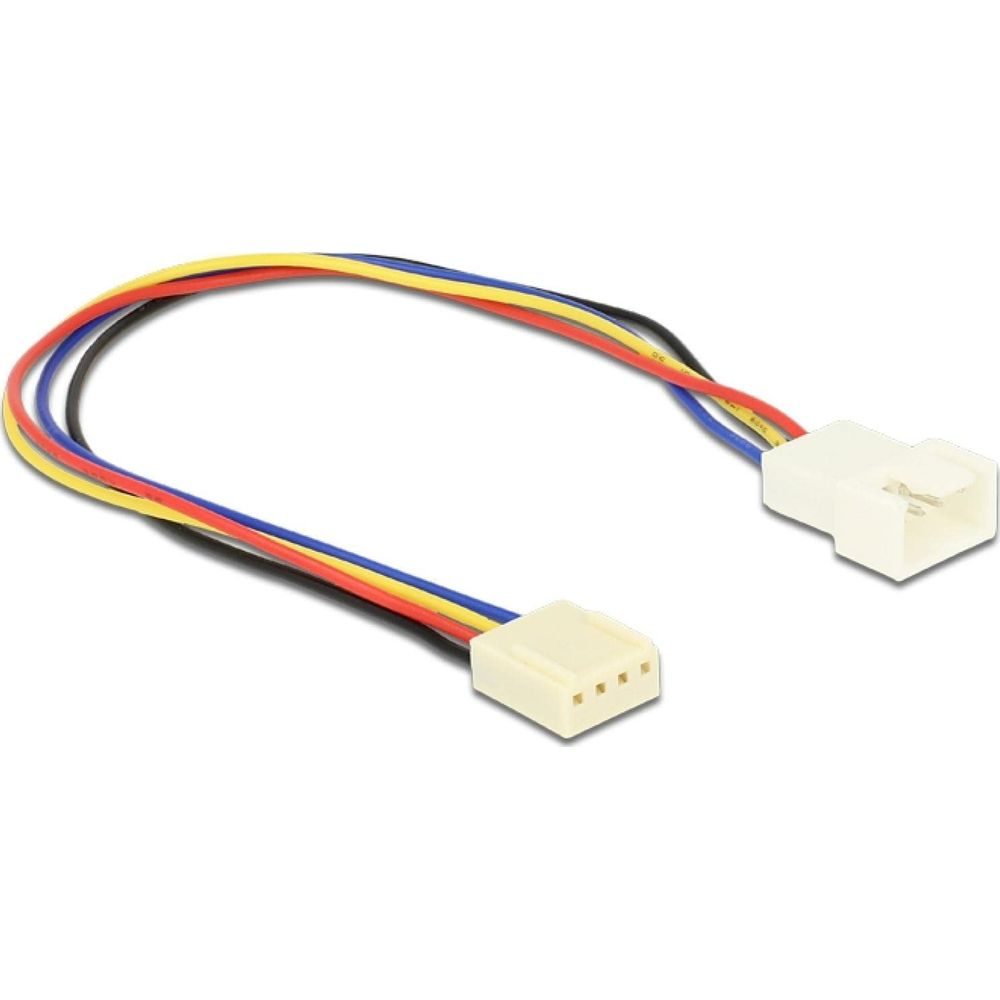 Biały adapter 4-pin na 3-pin z czerwonym, niebieskim, żółtym i czarnym przewodem.