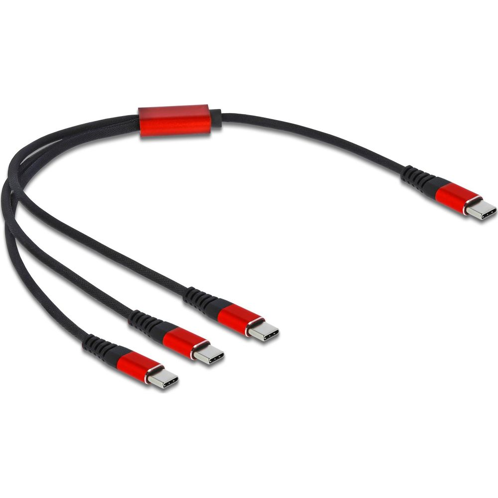 Un cavo nero con tre connettori USB-C e accenti rossi.