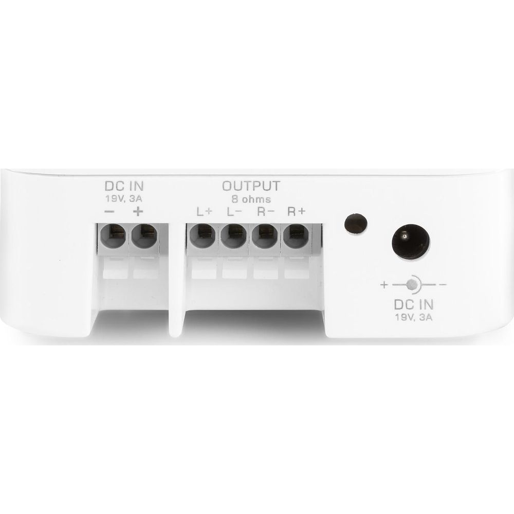 Weiße Box mit Anschlüssen: DC IN 19V 3A, Output 8 Ohm L+ L- R- R+