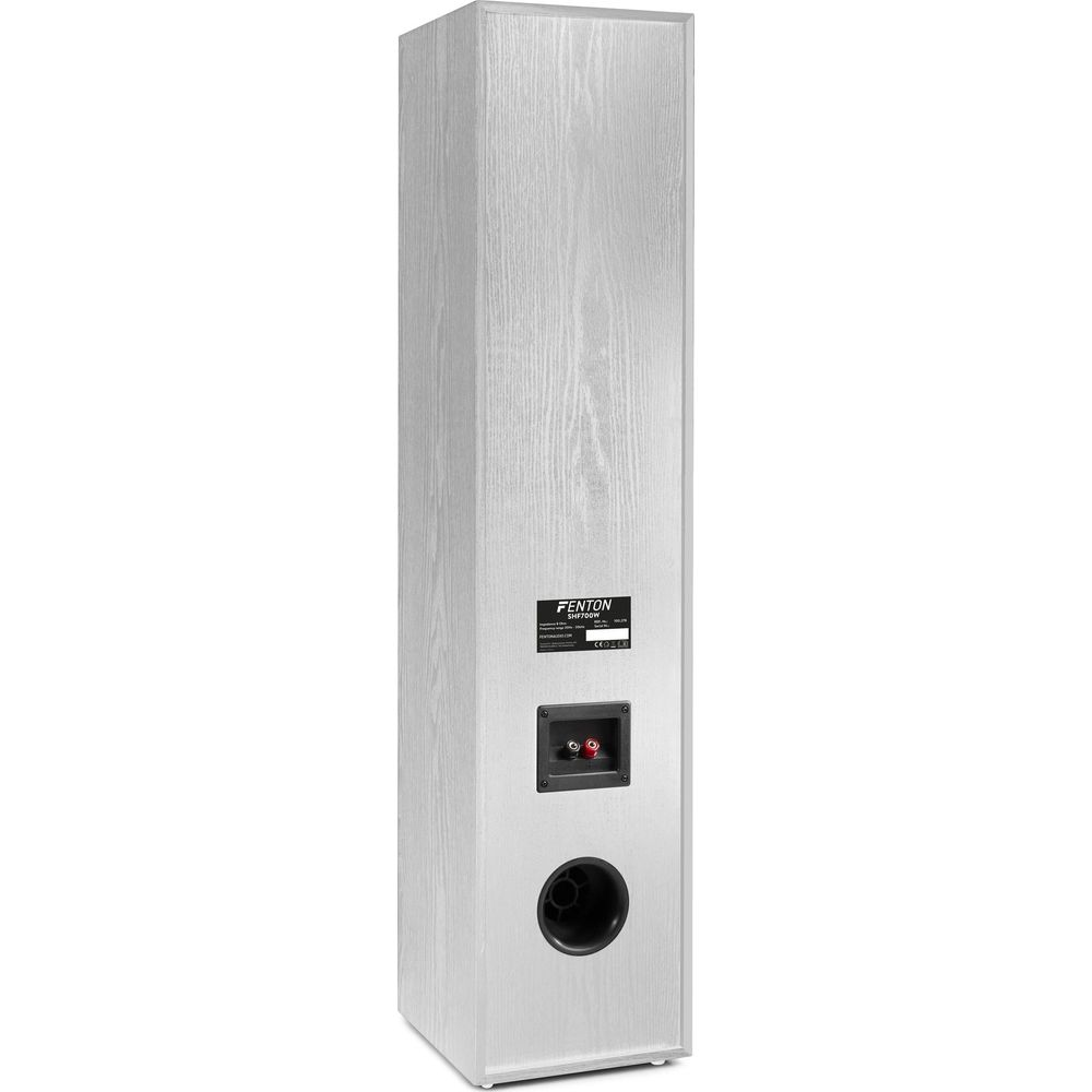 Parte trasera de un altavoz blanco tono madera con conectores y orificio de ventilación.