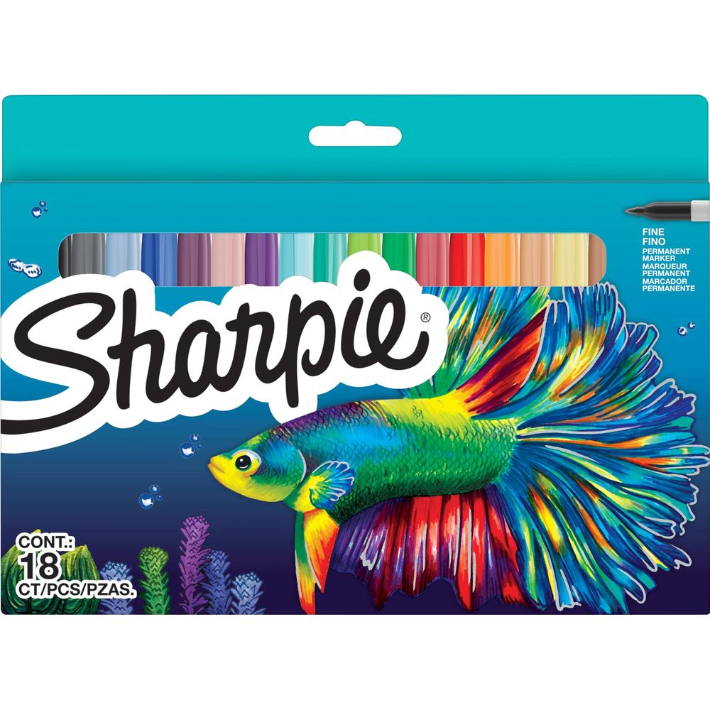 Sharpie-Packung mit 18 Feinmarkern, zeigt einen bunten Fisch und Korallen.