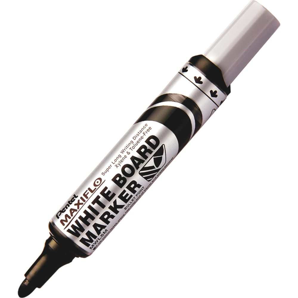 Ein weißer Whiteboard-Marker von Pentel mit schwarzer und silberner Aufschrift.