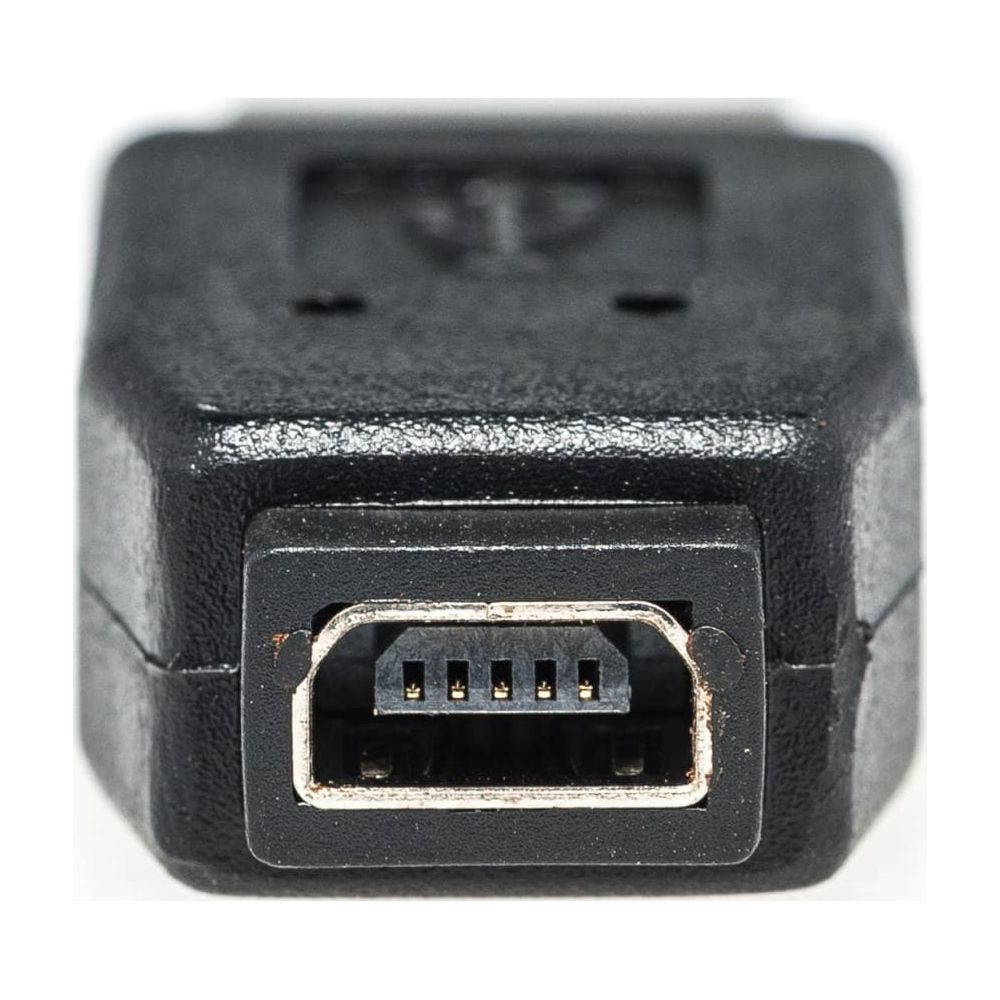 Primo piano di un connettore Mini USB nero con cinque pin dorati visibili.