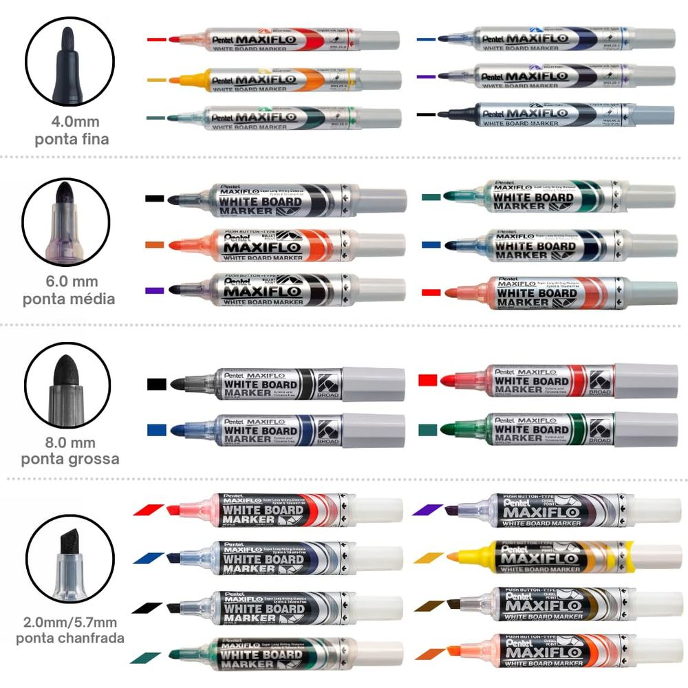 Mehrere Pentel Maxiflo Whiteboard-Marker in verschiedenen Farben und Spitzen.