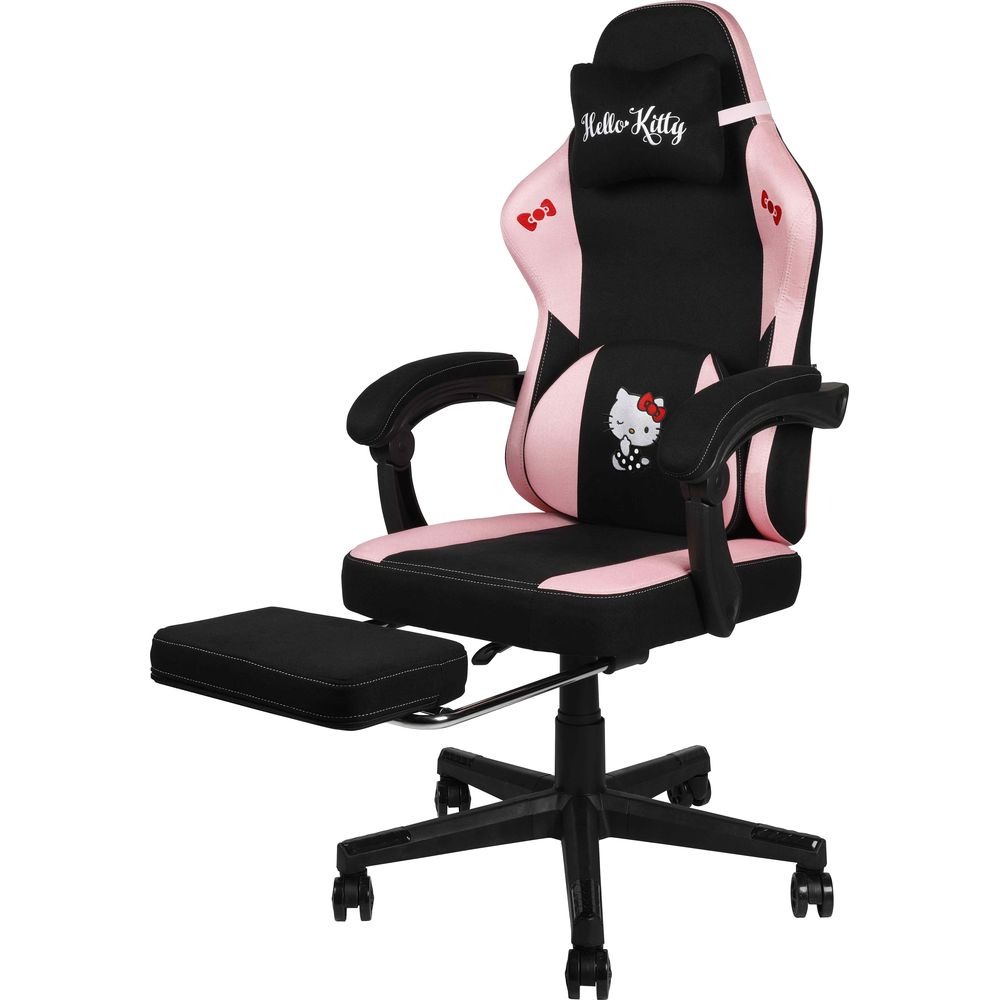 Schwarzer und pinker Gaming-Stuhl mit Hello Kitty-Motiv und ausziehbarer Fußstütze.