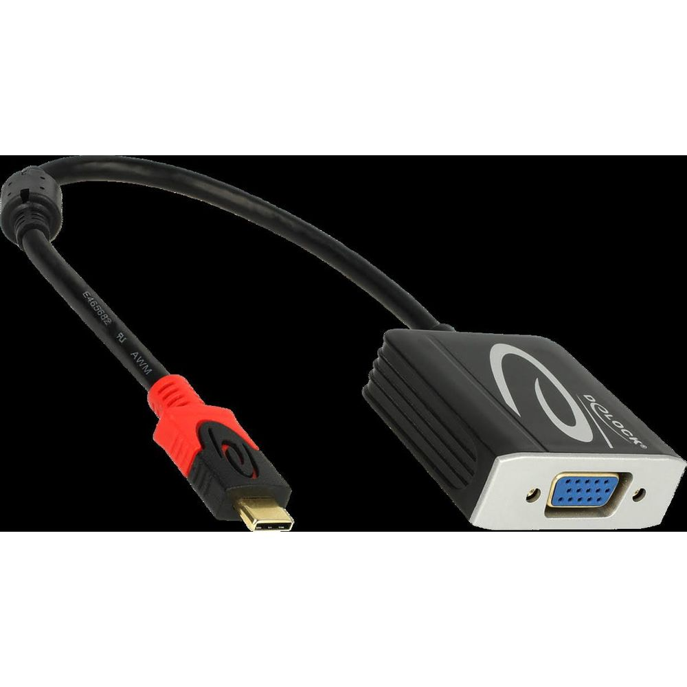 Ein schwarzes Kabel mit USB-C- und VGA-Anschlüssen, mit rotem Stecker.