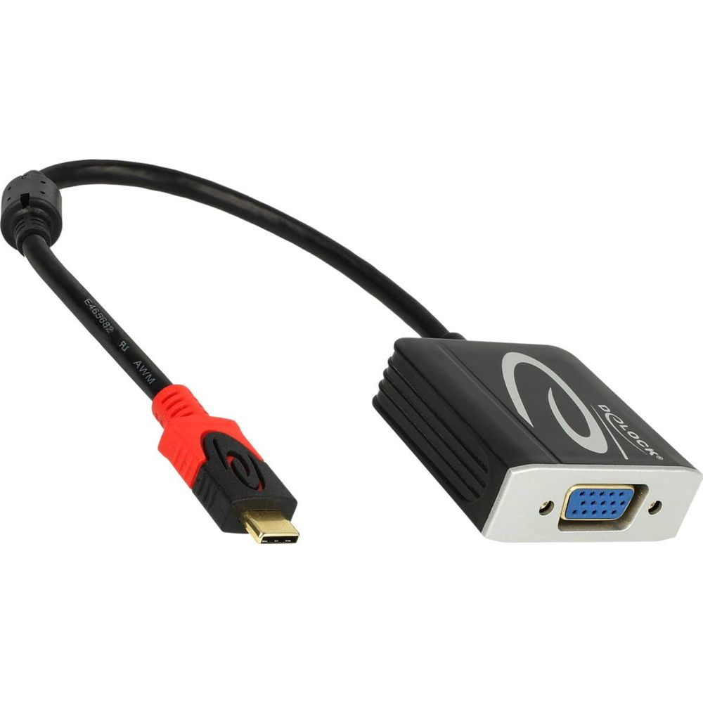 Ein schwarzer Kabeladapter mit USB-C und VGA-Anschluss auf weißem Hintergrund.
